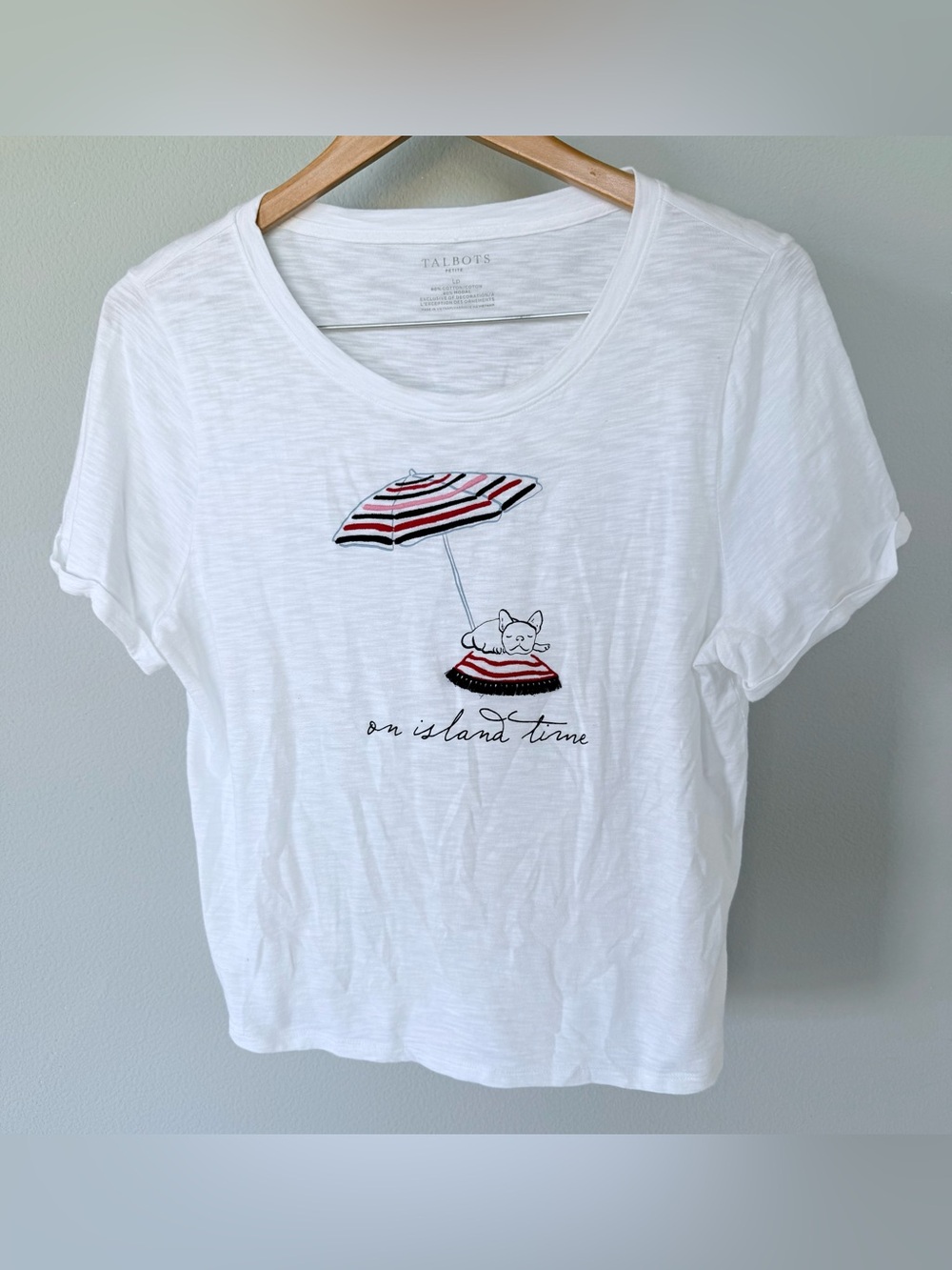 Talbots Nautical Frenchie Bulldog Tee | Women’s L Petite | White “Island Time”